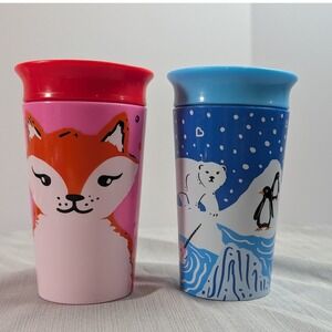 Munchkin Miracle 360 WildLove 9oz 2pc Blue Polar Bear Pink Fox Sippy Cup Set